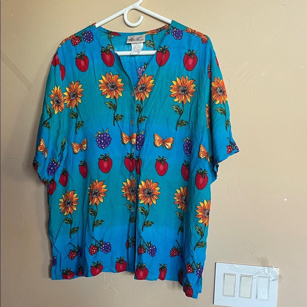 KATHIE LEE Teal Floral & Fruit Button-Up Shot Sleeve Shirt Sz 42”